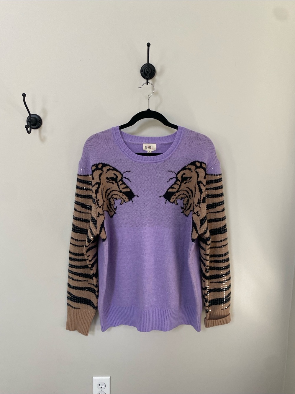 NEW BIBI Lavender Tiger-Print Crewneck Sequin Sweater